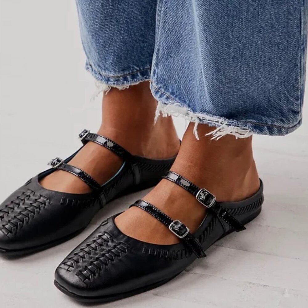 Free People Womens 36 Diana Double Strap Woven Black Leather Flats‎ Mules Shoes